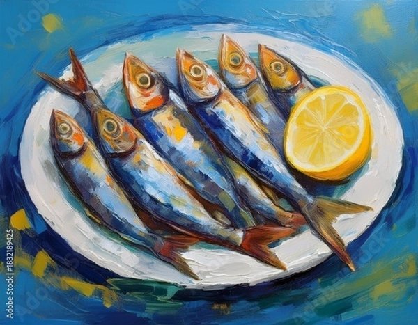Fototapeta sardines on a plate with lemon on a blue background printable digital oil painting impasto generative ai