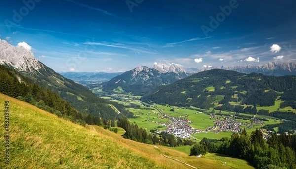 Fototapeta scenic aerial view from almkopf summit overlooking the charming alpine village of bichlbach in tyrol austria