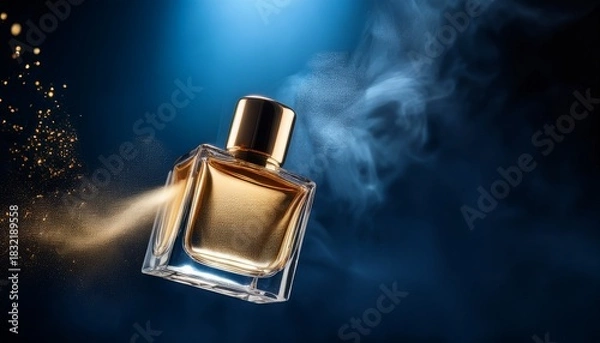 Fototapeta the golden perfume bottle is suspended in the air the bottle cap is slightly lifted and the golden mist fills the deep blue space luxurious style movie like mist effect shining with light