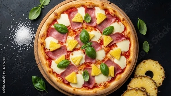 Fototapeta Delicious hawaiian pizza with ham, pineapple, and fresh basil on a dark background