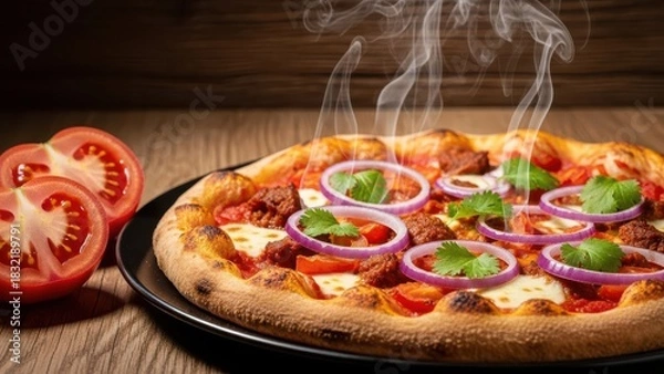 Fototapeta Hot, freshly baked pizza with onion and cilantro steaming on a dark plate with tomato slice