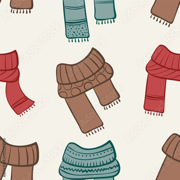 Fototapeta CCute hand-drawn winter clothing seamless pattern featuring sweaters, scarves and socks for cozy holiday designs.