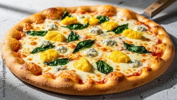 Fototapeta Delicious gourmet pizza with spinach, ricotta, and yellow cheese dollops on a rustic surface