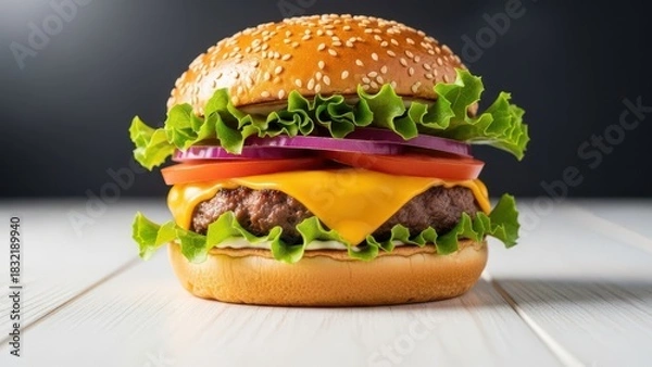 Fototapeta Delicious cheeseburger with fresh lettuce, tomato, and onion on a sesame seed bun