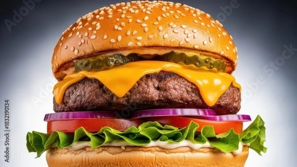 Fototapeta Close up of a delicious cheeseburger with melted cheese, pickle, onion, tomato, and lettuce on a bun