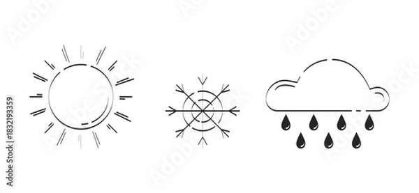Obraz Minimalist weather conditions doodle linear objects set. Sunny, snowy and rainy forecast season 2D vector outline clip arts drawings isolated on white. Hand drawn sketch illustrations collection