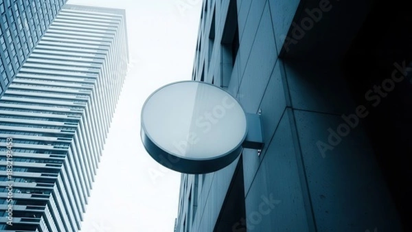 Fototapeta Low angle view of a blank circular sign mounted on a modern building facade against skyscrapers