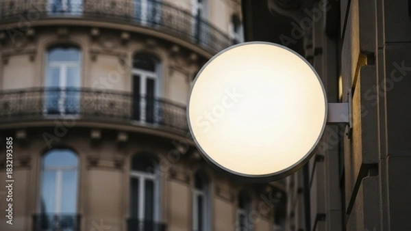 Fototapeta Illuminated round blank sign mockup attached to a building facade in a european city