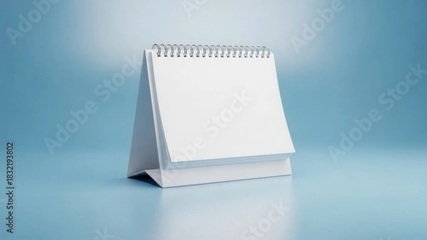 Fototapeta Blank desk calendar with white pages standing on a reflective surface against a blue background