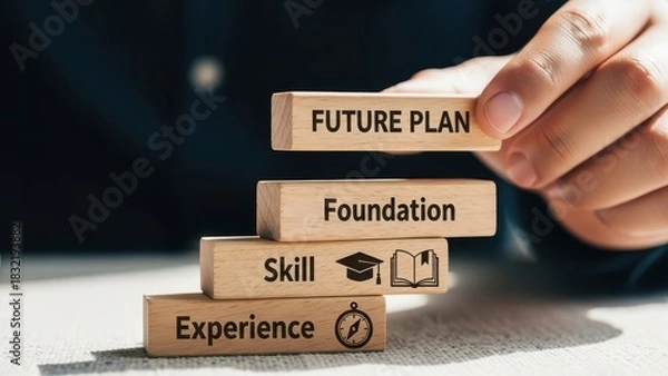 Fototapeta Hand stacking wooden block with word future plan on top of foundation skill and experience