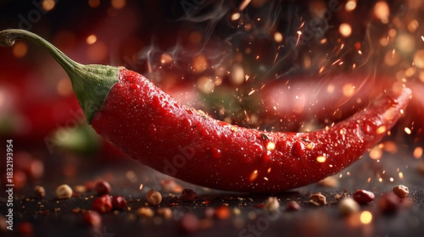 Fototapeta A close up of a vibrant red chili pepper with steam and spice particles