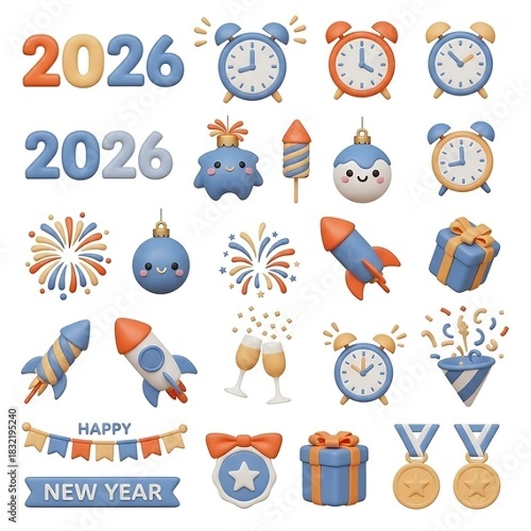 Fototapeta New Year 2026 celebration elements in pastel colors on white background