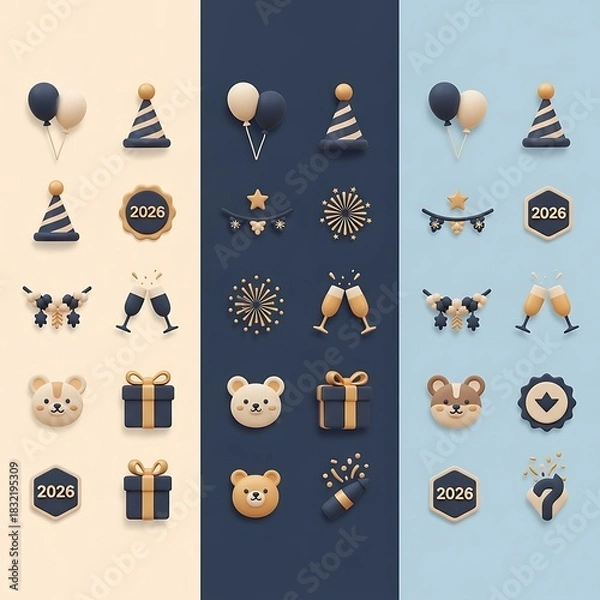 Fototapeta New Year 2026 festive elements on different color backgrounds