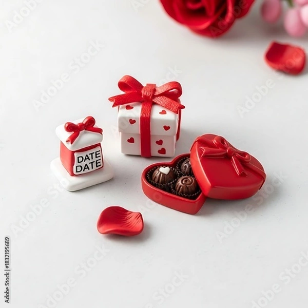 Fototapeta Valentine themed gift boxes with sweets and a rose on white surface
