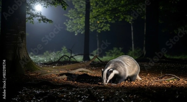 Fototapeta Badger Foraging Under Moonlight in Dark Forest.