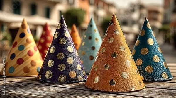 Fototapeta Festive cone hats displayed on wooden table high resolution photo
