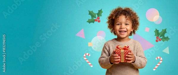 Fototapeta Joyful Gifting: A cheerful child, radiating pure happiness, cradles a beautifully wrapped gift. A perfect embodiment of the season's spirit.  Christmas banner with text space 