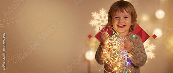 Fototapeta Joyful Youngster Illuminated by Festive Lights: A cheerful child, radiating pure happiness, is embraced by the warm glow of decorative string lights, their face alight with wonder. Christmas banner 