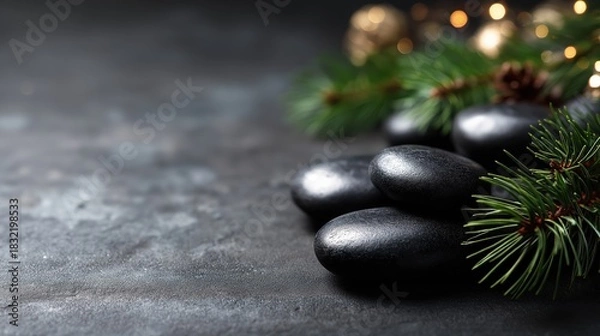Fototapeta Smooth black spa stones with pine branches and subtle Christmas decorations