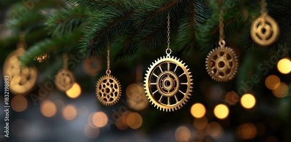 Fototapeta steampunk mechanical gears and cogs hanging from the branches of an evergreen christmas tree with bokeh lights in the background.