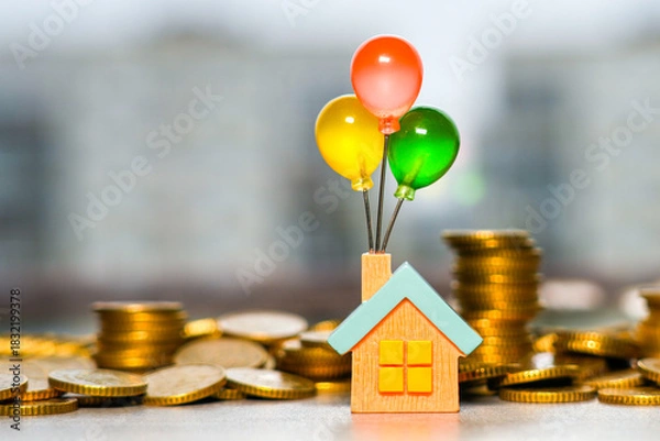 Fototapeta Colorful balloon house symbolizing the dream of owning a home surrounded by stacks of golden coins