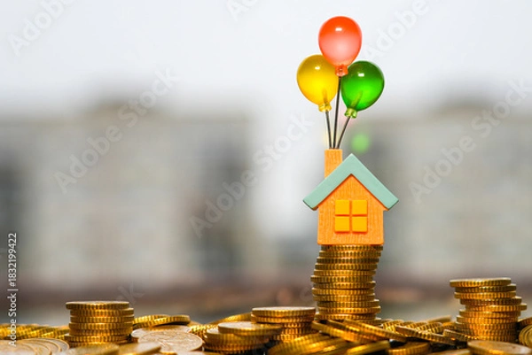Fototapeta Mini house with colorful balloons standing on stacked gold coins symbolizing dreams of owning a home