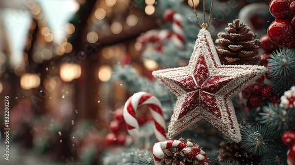 Fototapeta A close up of christmas ornaments and candy canes on a christmas tree