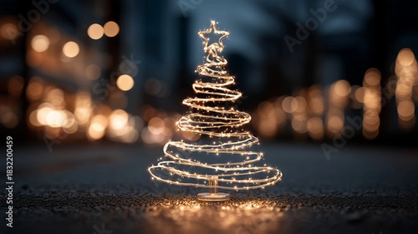 Fototapeta Illuminated christmas tree with star topper against blurred background