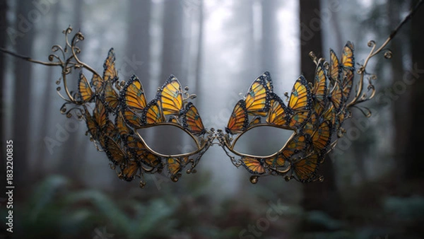 Obraz An exquisite golden filigree mask adorned with vibrant monarch butterfly wings, suspended elegantly in a soft, misty forest background, evoking fantasy and mystery.