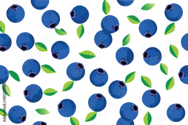 Fototapeta A vibrant and detailed illustration featuring a scattering of fresh, ripe blueberries with green leaves against a white background.