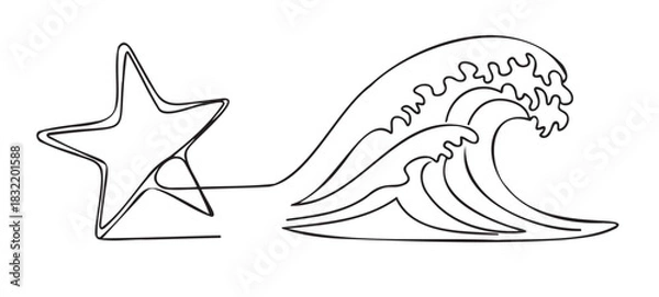 Fototapeta Wave and starfish line art illustration in minimalist style  