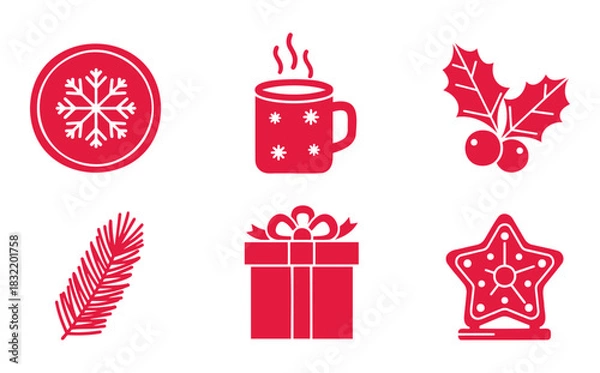 Fototapeta Set of red Christmas flat icons with snowflake, steaming cup, holly, gift box, star and pine branch on white background — ideal for holiday, greeting card and festive design content.