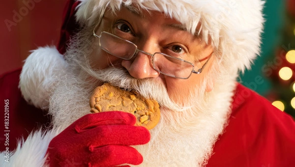 Fototapeta Close-up of Santa Claus in a red suit and gloves taking a bite of a festive cookie, with warm holiday lights softly glowing in the blurred background