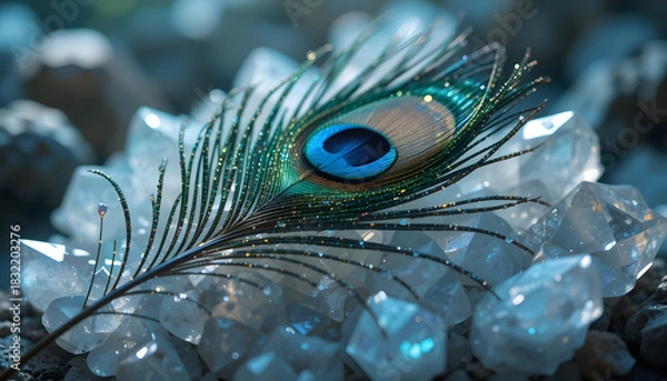 Fototapeta A Peacock Feather Laying on Diamonds Close Up, Selective Focus