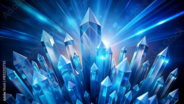 Fototapeta Abstract blue crystal formation glowing light rays representing growth and energy