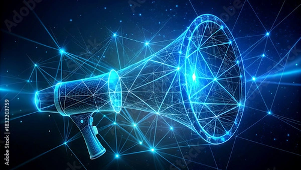 Fototapeta Glowing digital megaphone connected by a network of lines and dots representing digital marketing and communication