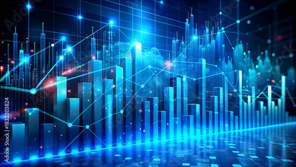 Fototapeta Abstract financial chart with line graph and bar chart blue futuristic background concept for stock market and investment analysis