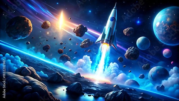 Fototapeta Rocket launching into space vibrant cosmic illustration with planets and stars concept for exploration and future technology