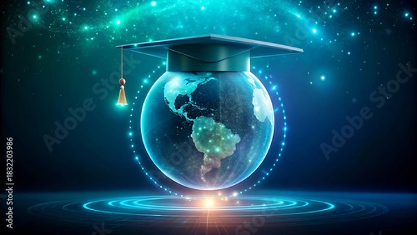 Fototapeta Graduation cap on a glowing world globe representing global education and international learning with a futuristic and technological feel