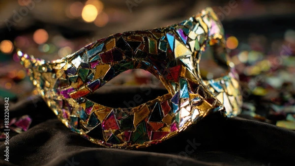 Fototapeta A shimmering mosaic mask, adorned with colorful reflective fragments, rests elegantly on a dark fabric, surrounded by soft, blurred festive lights.