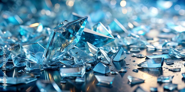 Fototapeta Broken glass pieces sharp shards reflecting light concept for fragility and vulnerability