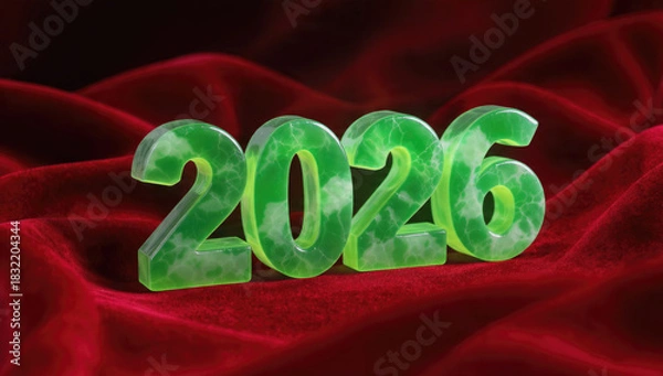 Fototapeta Green, translucent 2026 numbers with a marbled texture resting on a luxurious, draped red velvet background.