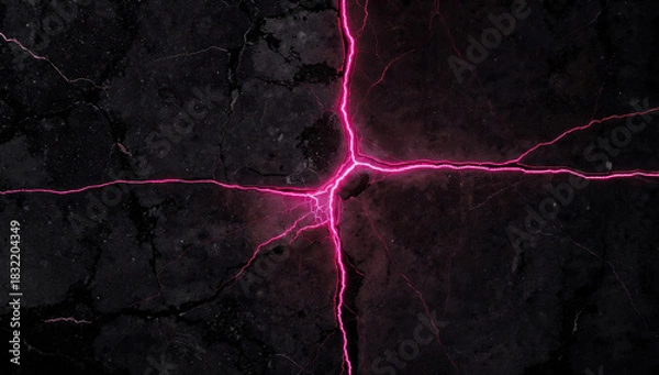 Fototapeta A network of glowing pink energy radiates through deep cracks on a dark, rugged surface. This abstract image shows vibrant, electrifying fissures.