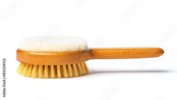 Fototapeta Versatile double-sided wooden brush with soft white bristles and coarser yellow bristles, suitable for gentle and invigorating skincare routines.