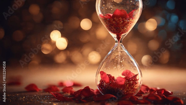 Fototapeta An elegant hourglass beautifully filled with falling red rose petals and sparkling glitter, creating a romantic and enchanting scene amidst warm, soft bokeh.