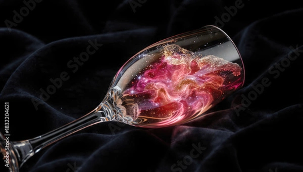 Fototapeta Elegant glass on dark velvet holds a luminous, swirling cosmic nebula. Pink, gold, shimmering stars create a magical ethereal scene.