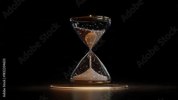 Fototapeta Golden glitter flows through an elegant hourglass, illuminated by a subtle glow, representing precious time and emerging insights.
