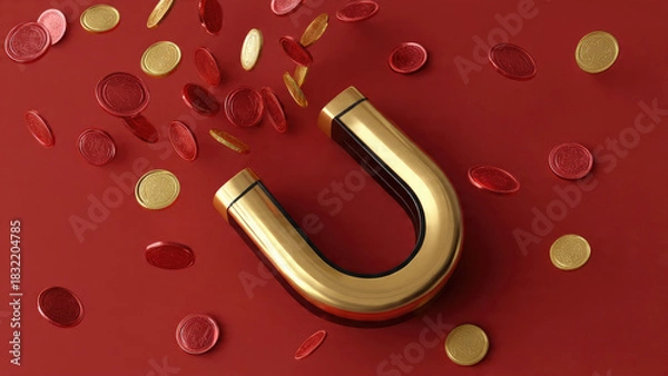 Fototapeta A golden horseshoe magnet attracts a shower of shiny red and gold coins against a vibrant red background, symbolizing wealth attraction and financial opportunity.