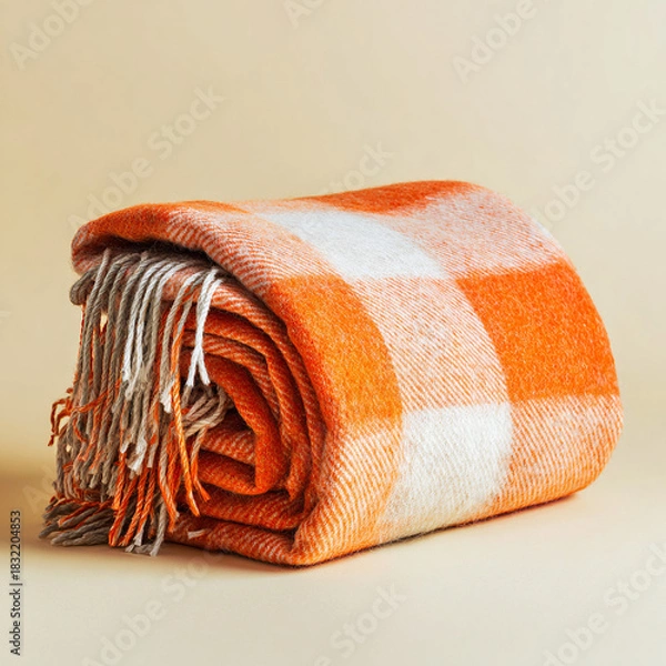 Fototapeta Folded orange and white checkered throw blanket with fringe on light surface
