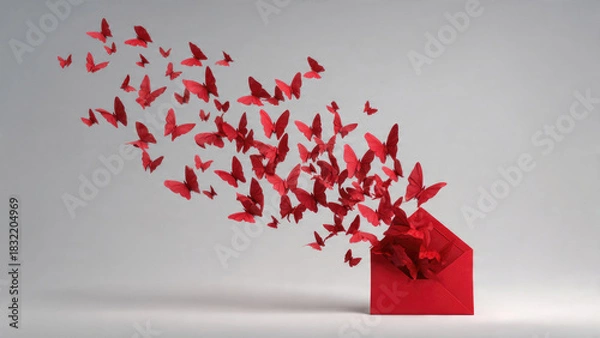 Fototapeta Red paper butterflies gracefully emerge and fly from an open red envelope against a clean grey background, symbolizing love and freedom.
